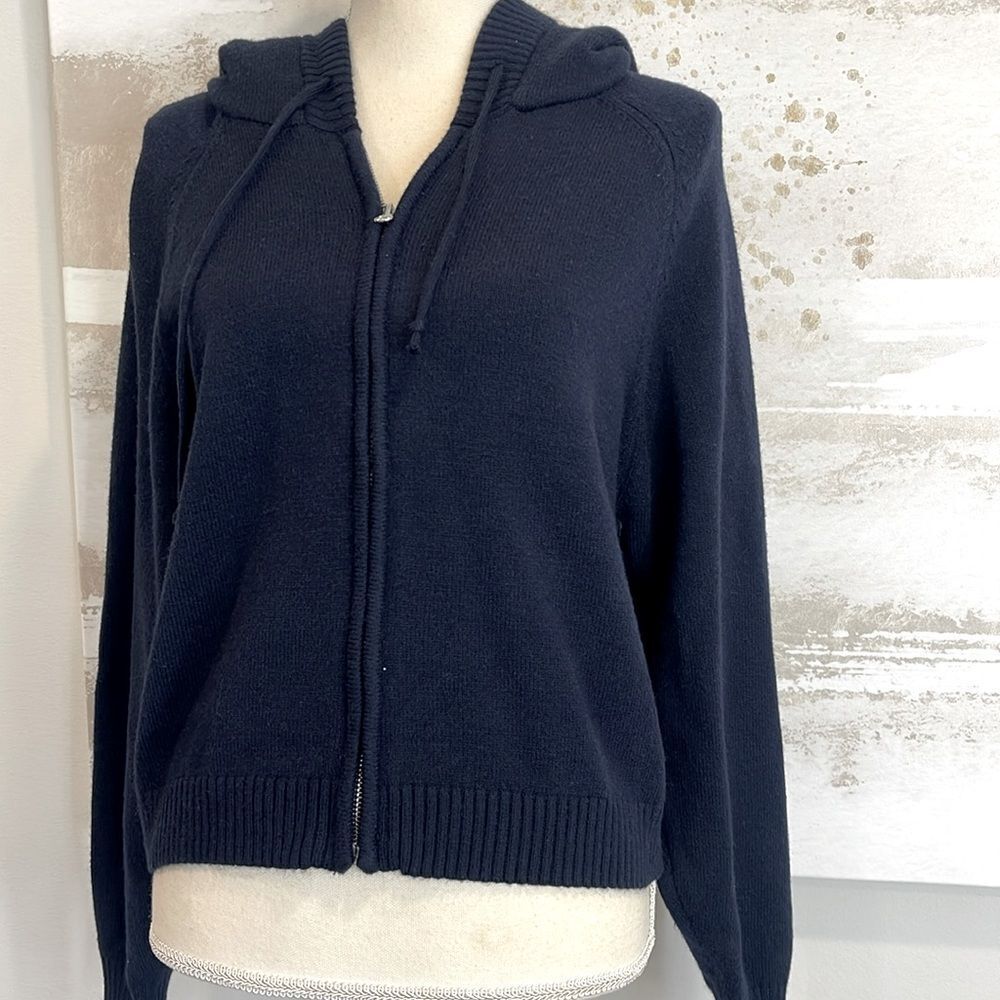 Central Park West Hooded Full Zip-Up Sweater with hood navy blue